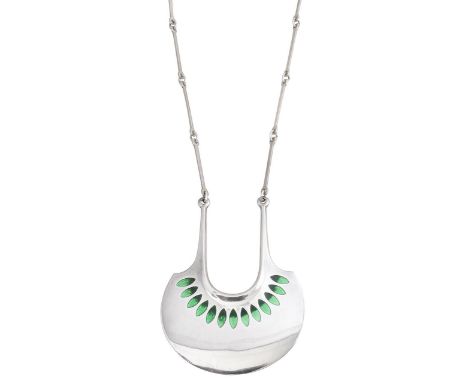 A silver and enamel necklace by David Andersenlarge semi-circular pendant, with light and dark green enamel leaf motifs, stam
