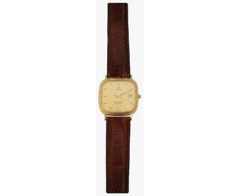 A gentleman's Omega Seamaster Quartz gold pated wristwatch REF 196 0283the square gold dial with raised gold hour batons and 