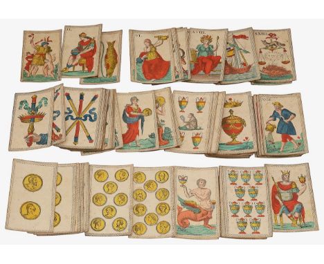Italian playing cards. A set of Minchiate Fiorentine (Florence) c.1850woodcut engraved with stencilled colouring, 85 of 97, l