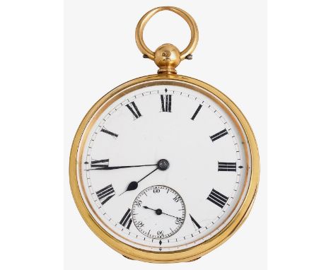 An 18ct gold open faced key wind pocket watch white enamel dial with black Roman numerals, minute track, subsidiary seconds d