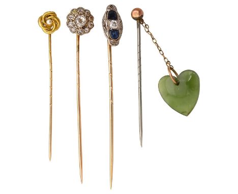 A group of four stick pinsdiamond floral cluster stick pin, unmarked; sapphire and diamond set stick pin, unmarked; half pear