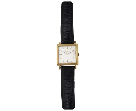 A 1960s 18ct gold manual wind Omega wristwatchthe simple plain square gold case with silvered dial with raised baton numerals