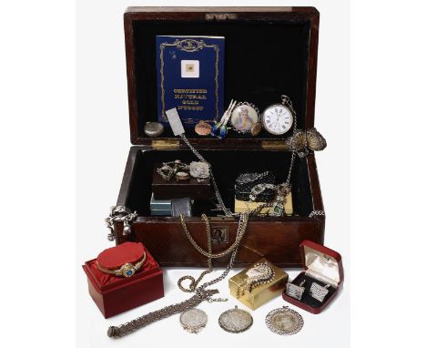 A collection of costume jewellery including; white metal pocket watch and white metal lady's fob watch; silver ingot pendant,