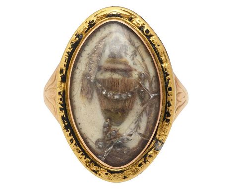 A late 18th century memorial ringthe navette yellow gold plaque containing a cut hair scene depicting an  urn with weeping wi