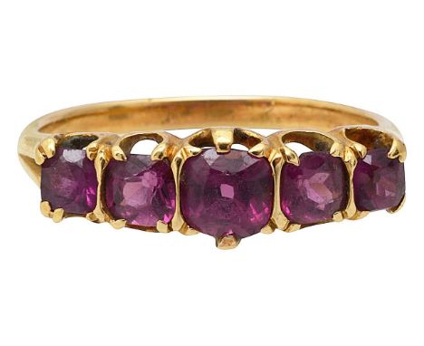 A five stone ruby ring five cushion mix-cut rubies, of slightly graduating form, claw-set to a plain shankring size M, total 