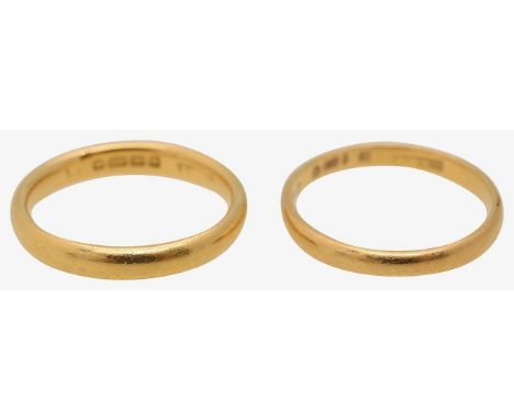 Two 22ct gold bandsboth stamped with London hallmarks ring sizes J/K, K, total approx. weight 6gCondition: 