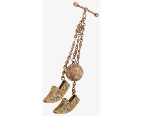 A cloisonnŽ fob  suspending a pair of cloisonnŽ slippers, decorated with scrolling enamel, and a ball charm total approx. len