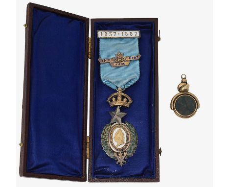 A Masonic Queen Victoria Golden Jubilee jewel and a swivel seal fobfirst with enamel decoration on ribbon in a fitted case, s