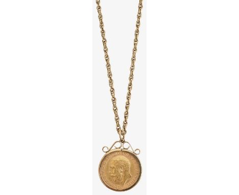 A half sovereign pendantGeorge V sovereign, dated 1913, within a 9ct gold loose mount, suspended on 9ct gold twisted rope cha