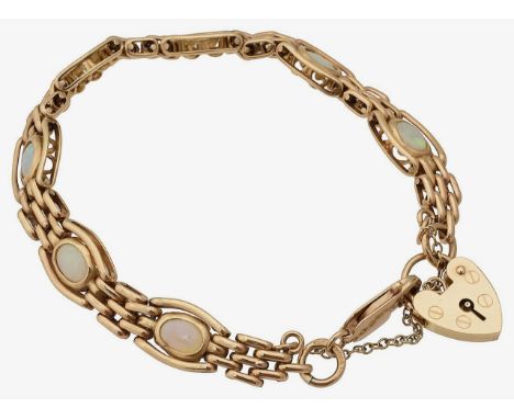 A 9ct gold and opal gate bracelet seven cabochon opals bezel set to a 9ct gold fancy-link bracelet, stamp with Birmingham hal