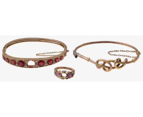 A group of jewellery including two bangles15ct gold and gem set ring, set with pink and green gemstones and pearls, stamped w