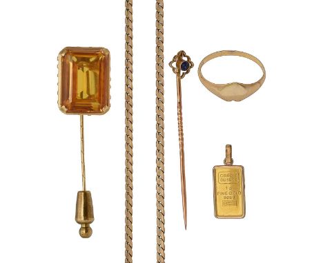 A collection of accessories9ct gold flattened curb-link chain, stamped with hallmarks to tag; 9ct gold heart signet ring, sta
