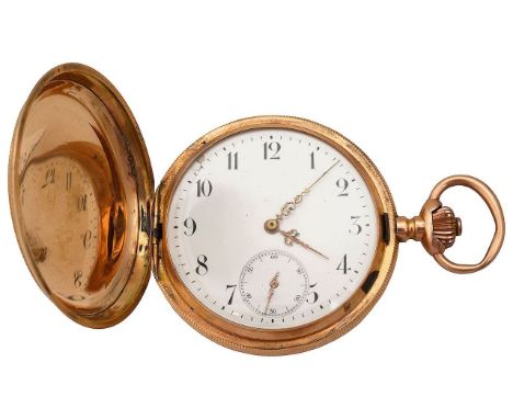 A 14K open faced keyless full hunter pocket watch the enamel dial with Arabic numerals , filigree handles, subsidiary seconds