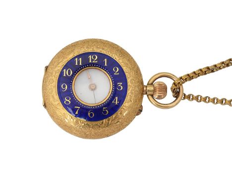 A lady's 18K gold keyless half hunter and belcher chainthe 18K gold lady's half hunter with blue enamelled chapter ring with 