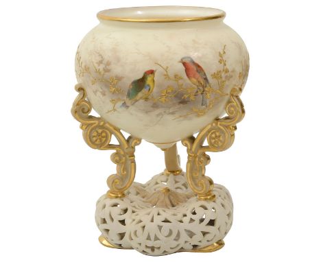 A Grainger &amp; Co Royal China Works Worcester blush ivory reticulated pot pourri vasethe bulbous body painted with two bird