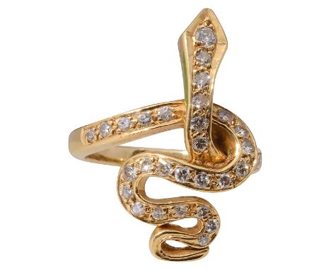 A diamond set snake ringthe twisted snake set with round brilliant cut diamonds, shoulders set with round brilliant cut diamo