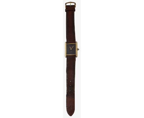 Must de Cartier. A gentleman's gold plated silver tank wristwatch rectangular chocolate dial with gold sword hands, signed Mu