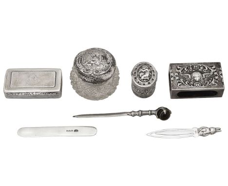 A William IV silver snuff box and other silverfirst Birmingham, 1834, makers marks, rectangular, the hinged lid with engine t