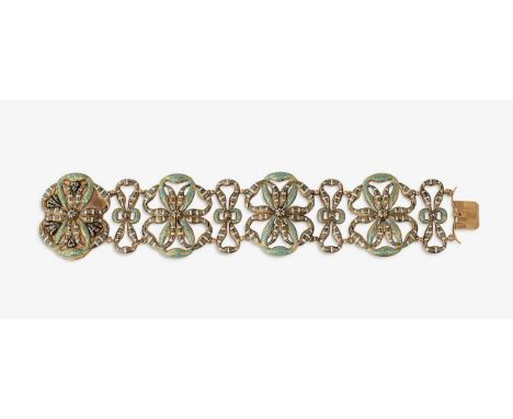 An early 19th century yellow gold and polychrome enamel braceletcomprising four black, pale blue and white enamelled openwork