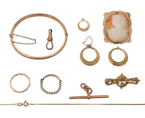 A collection of assorted accessories9ct gold mounted cameo brooch, depicting a woman, within 9ct gold wreath border, stamped 