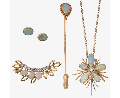 A collection of opal set jewellery an opal floral pendant, set with colourless gemstone to centre, stamped to suspension loop