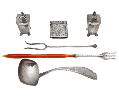 A Victorian agate handled pickle fork and other silver itemsfirst unmarked together with a pair of Art Deco pepper pots, Birm