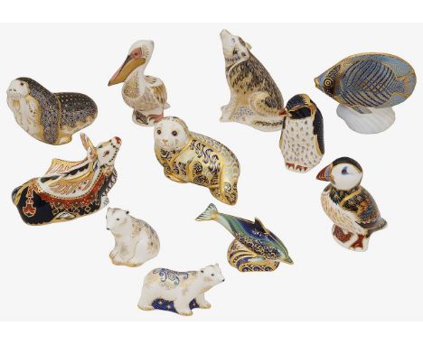 Ten Royal Crown Derby animal paperweight comprising White Pelican - Event Piece, gold stopper, limited edition with certifica