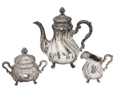 A German .830 silver three piece coffee serviceGerman marks, Deyhle Gebruderof baluster spiral fluted form on scroll legs, co