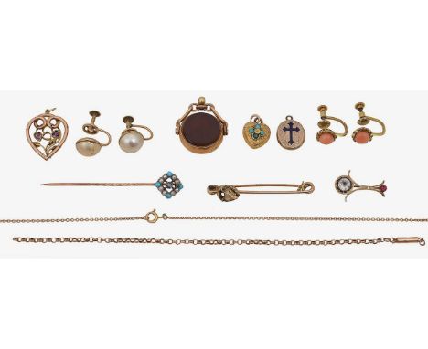A collection of accessories including charms, earrings, pinscomprising a pearl, turquoise and blue gem set stick pin, unmarke