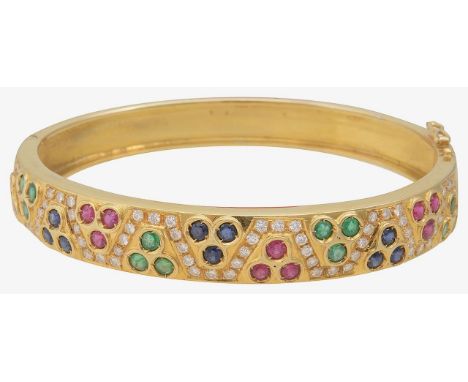 A gem-set hinge bangle set with round brilliant-cut diamonds, rubies, sapphires and emeralds, in a geometric design to one ha
