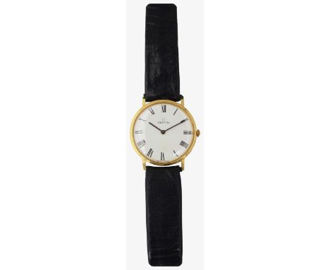 A gentleman's 18ct gold Zenith wristwatch c.1964circular white enamel dial with black Roman numerals and black pencil hands, 