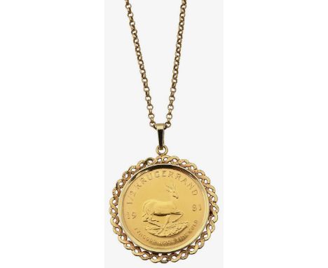 A half Krugerrand pendantdated 1981, of 1/2 oz fine gold, within a loose 9ct gold pendant mount,stamped with import marks, su