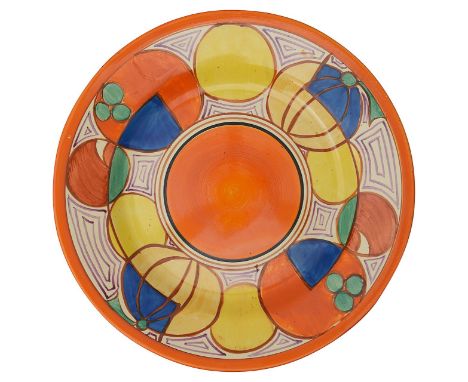 A Clarice Cliff Wilkinson's pottery Fantasque Melon plate hand painted with a band of abstracts fruit with orange, brown and 