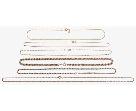 A group of chains9ct gold twisted rope chain, stamped with hallmarks to tag; 9ct gold box link chain, stamped with London imp
