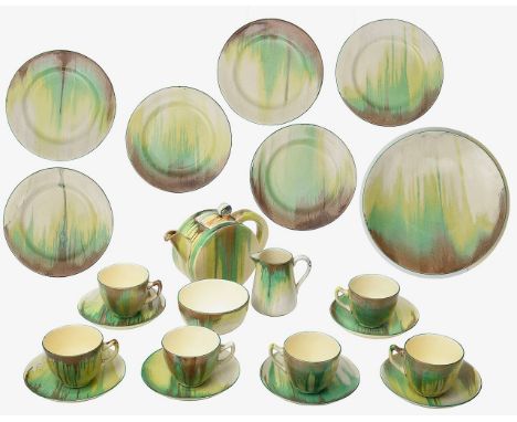 A Clarice Cliff Delecia tea set circa 1930, hand painted with streaking runnings in tonal greens, yellows and browns, compris