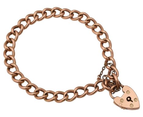 A curb-link bracelet stamped to links "9c", with heart padlock clasp, stamped "9ct", with safety chain total approx. weight 1