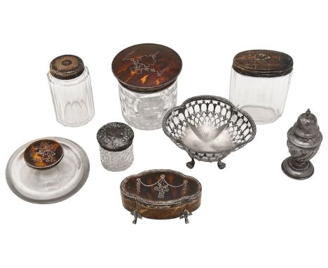 A George V silver and pique inlaid tortoiseshell trinket box and other itemsvarious dates, makersfirst Birmingham, 1911, Mapp