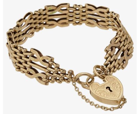 A 9ct gold fancy-link gate-bracelet stamped with hallmarks, with 9ct heart padlock clasp, stamped with hallmarks and safety c