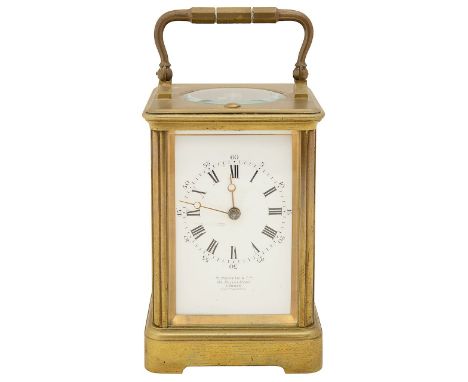 A late 19th century French gilt brass repeater carriage clockthe white enamel dial with black Roman numerals, minute track, o