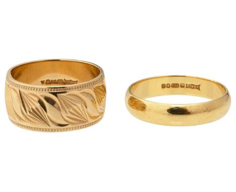 Two wedding bandsthe first: 18ct gold band, stamped with London hallmarks, the second; 9ct gold band, chased with an abstract