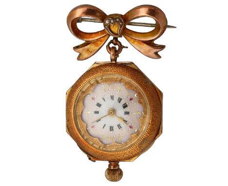 A lady's 18K gold open faced fob watch with 9ct gold bow broochthe watch with pink enamel dial with Roman numerals and gilt d