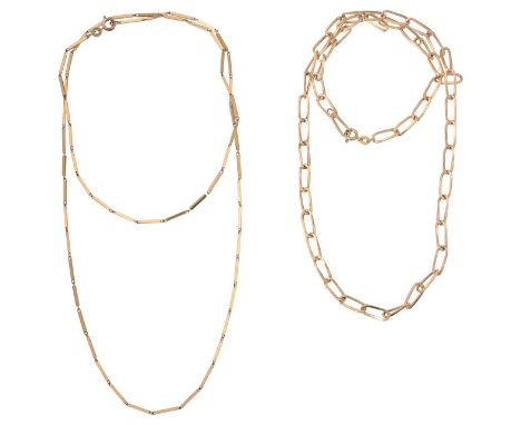 Two 9ct gold chainsthe first: 9ct gold bar chain, stamped with hallmarks to tag, the second: 9ct gold fancy link chain, stamp