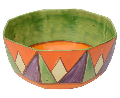 A Clarice Cliff Newport pottery Bizarre octagonal bowl hand painted with geometric design of triangles in orange, purple and 