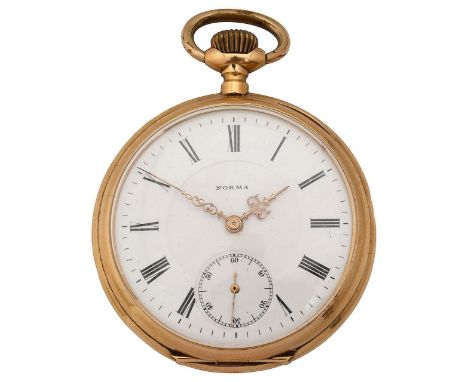 A 14K gold keyless open faced pocket watch the enamel dial with Roman numerals, minute track and filigree hands and subsidiar