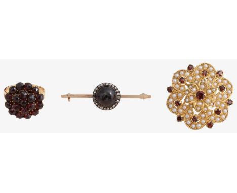 A collection of garnet set jewellery garnet bar brooch, central circular cabochon garnet, set within a surround of rose cut d