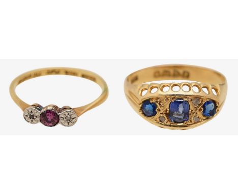 A 20th Century sapphire and diamond ring and another ring three mix-cut sapphires set between diamond points, one deficient, 