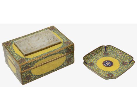 An early 20th century Chinese cloisonnŽ enamel table cigarette box and a pin dishfirst rectangular, the hinged lid mounted wi