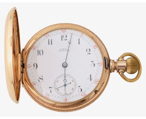 A 14K Waltham self keyless full hunter pocket watchthe enamel dial with arabic numerals, minute track, subsidiary dial and mo