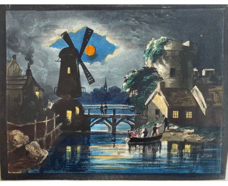 A collection of hand coloured lithograph transparency prints c.1835comprising Morgan's Transparent Views published by Reeves: