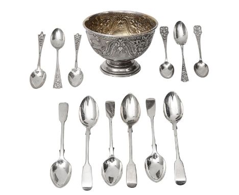 A late Victorian silver sugar basin and various teaspoons,first Chester, 1901, Vale Brothers &amp; Sermon, with foliate embos
